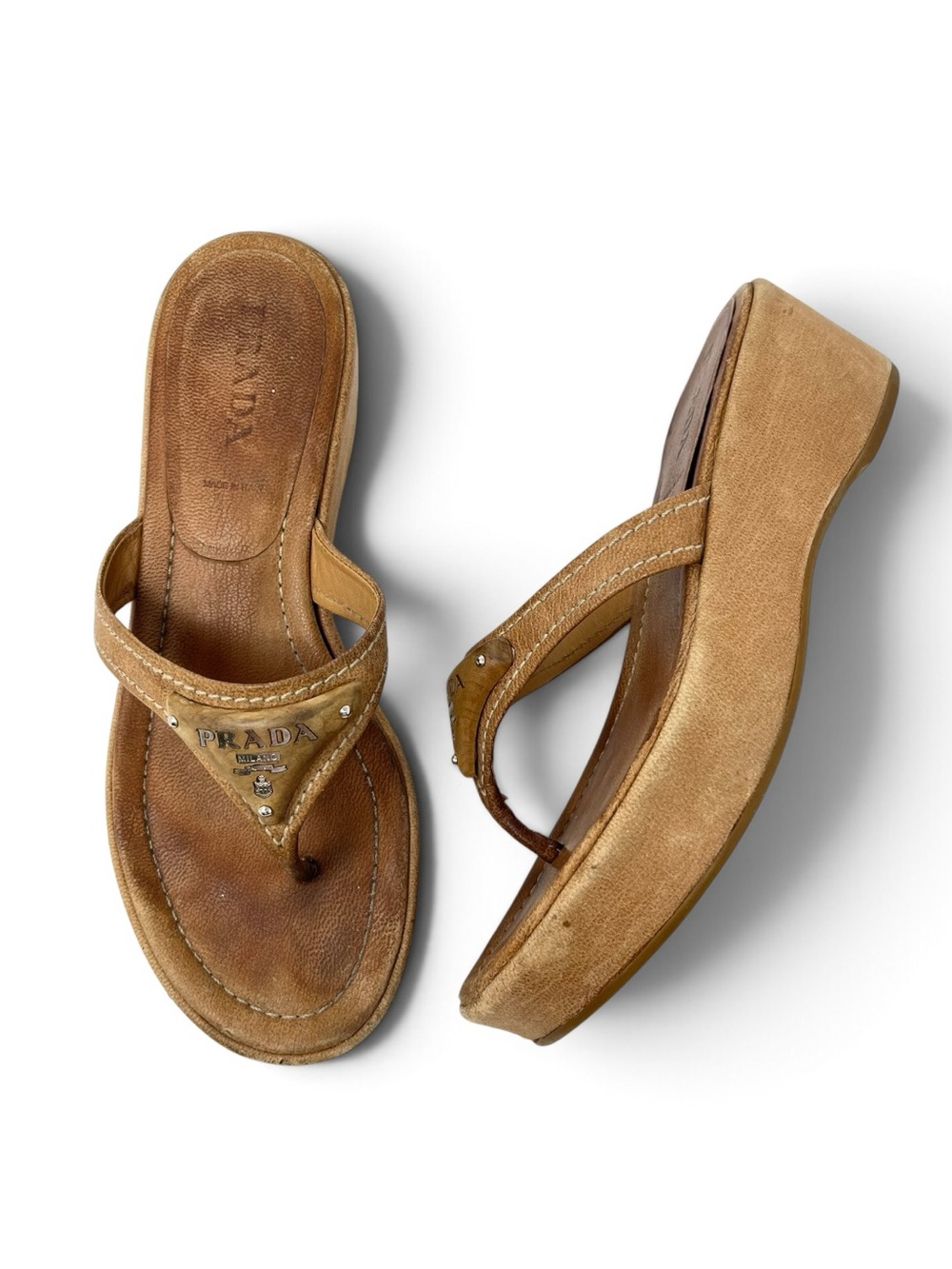 Vintage Prada 90s Y2K Brown Tan Triangle Logo Platform Wedge Thong Sandals 37 7
